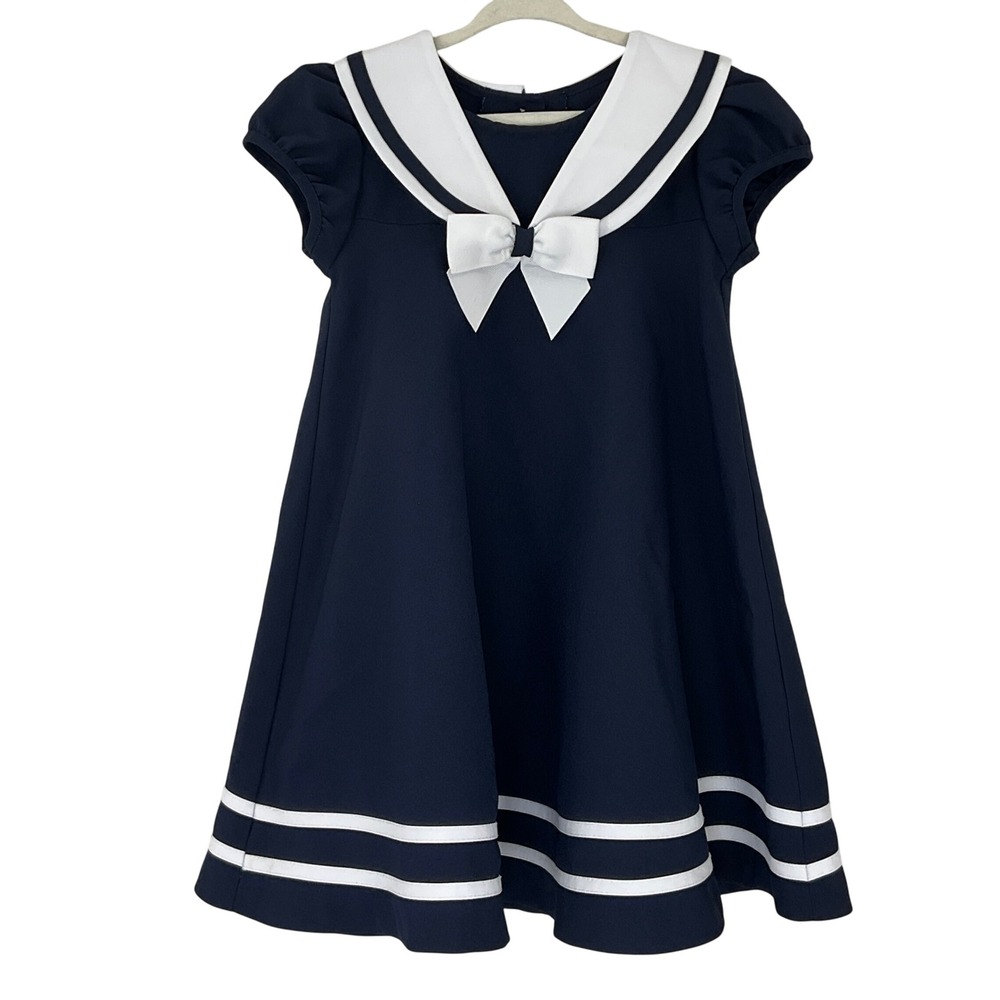 Bonnie Jean Girls Navy Blue‎ Sailor Dress White Collar Bow Nautical 4T